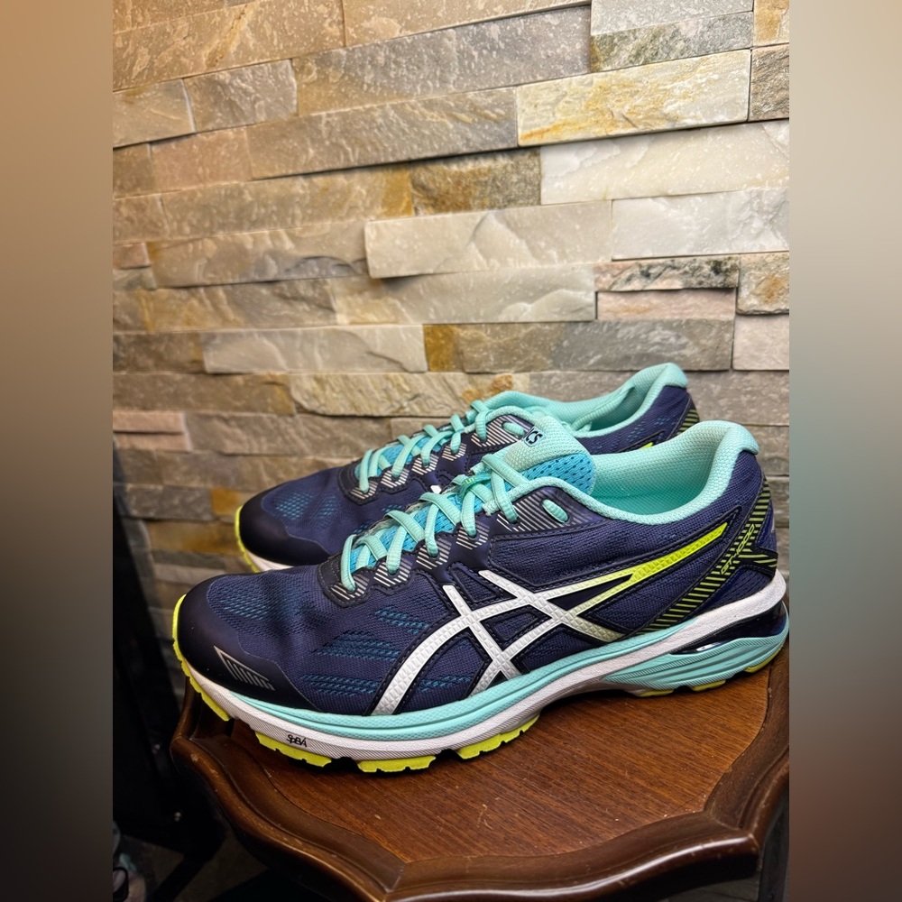 Women's Sz 11 Asics GT-1000 5 Running Shoes Blue Teal W/Yellow Accents EUC